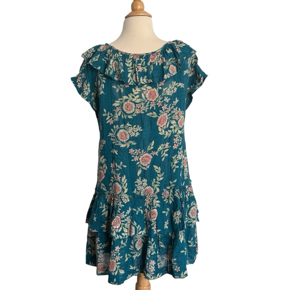 Free People Luna Ruffle Mini Dress | Teal Floral | Size XS - Picture 3 of 4